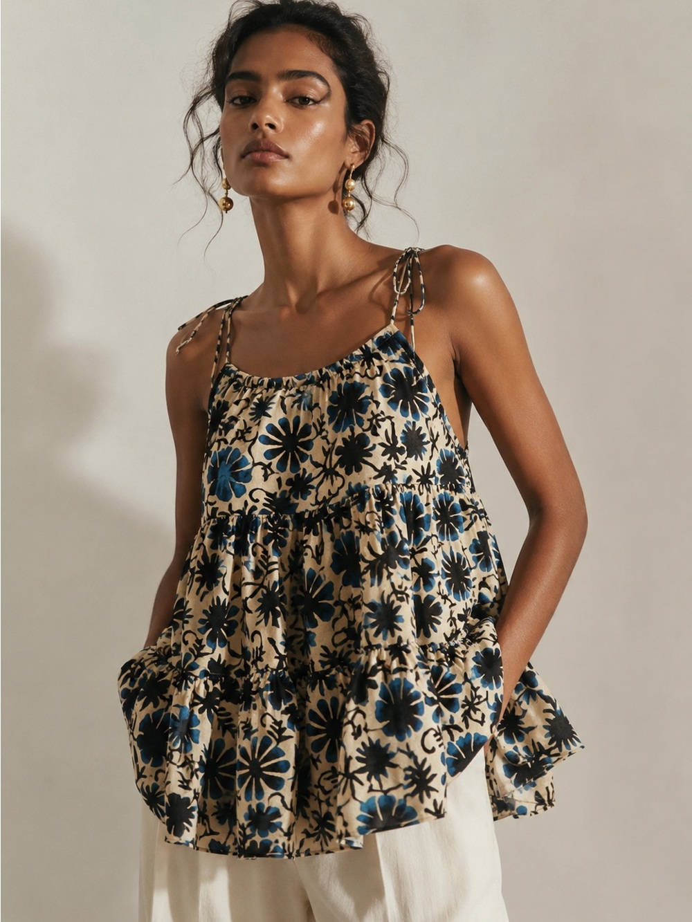 Ulla Johnson Ayla Floral Tiered Swing Cami Top Petite Cotton Blend Blue Cream